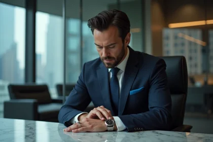 Homme en costume bleu inspectant une montre Rolex Bruce Wayne