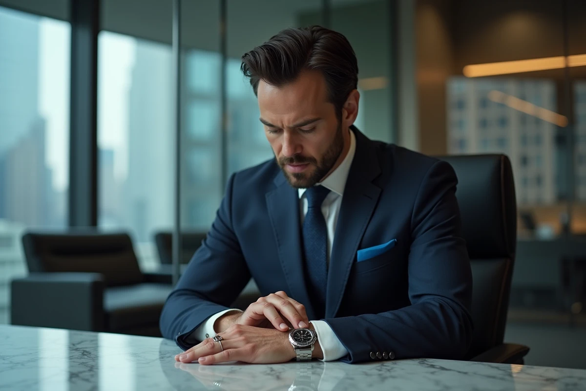 Homme en costume bleu inspectant une montre Rolex Bruce Wayne