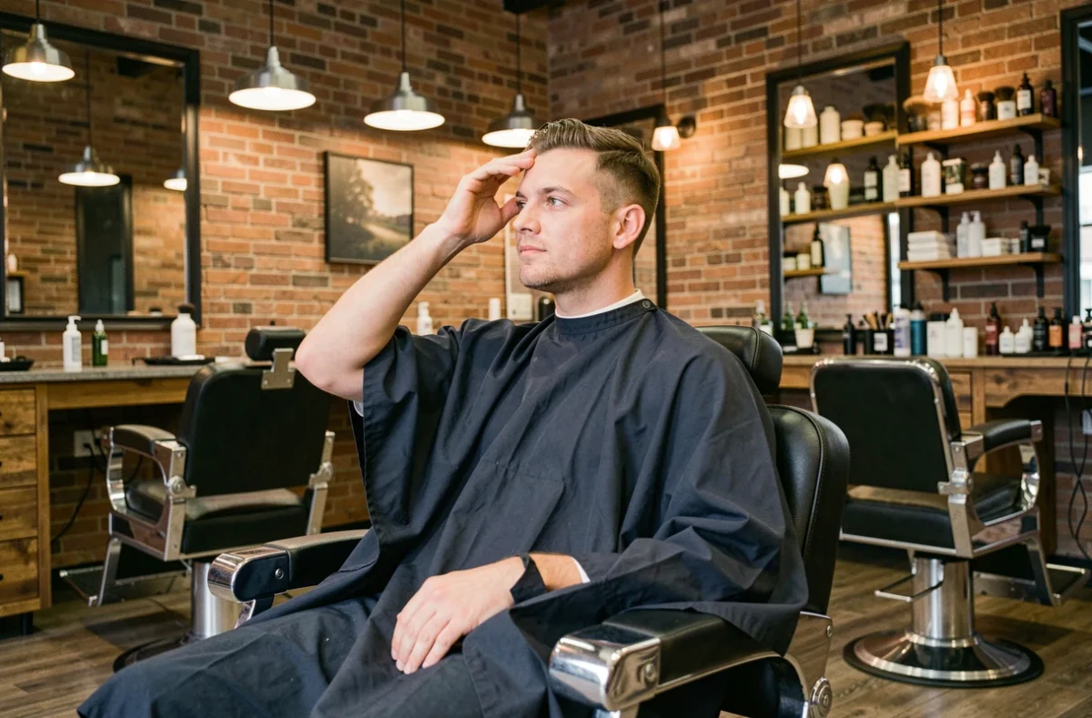 Homme avec une coupe courte fraîche dans un salon de coiffure moderne, ambiance barbershop urbain