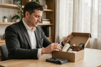 Homme élégant en blazer charbon découvrant son abonnement mensuel premium sur un bureau en bois minimaliste