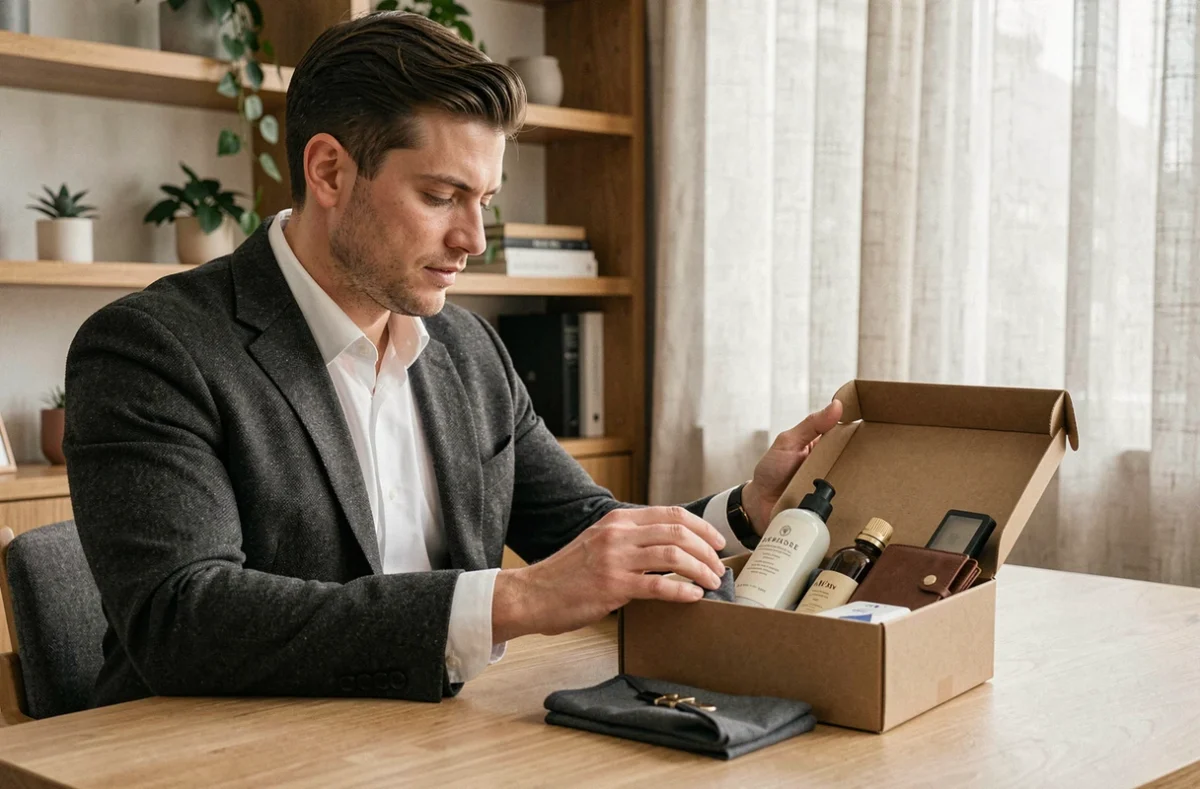 Homme élégant en blazer charbon découvrant son abonnement mensuel premium sur un bureau en bois minimaliste