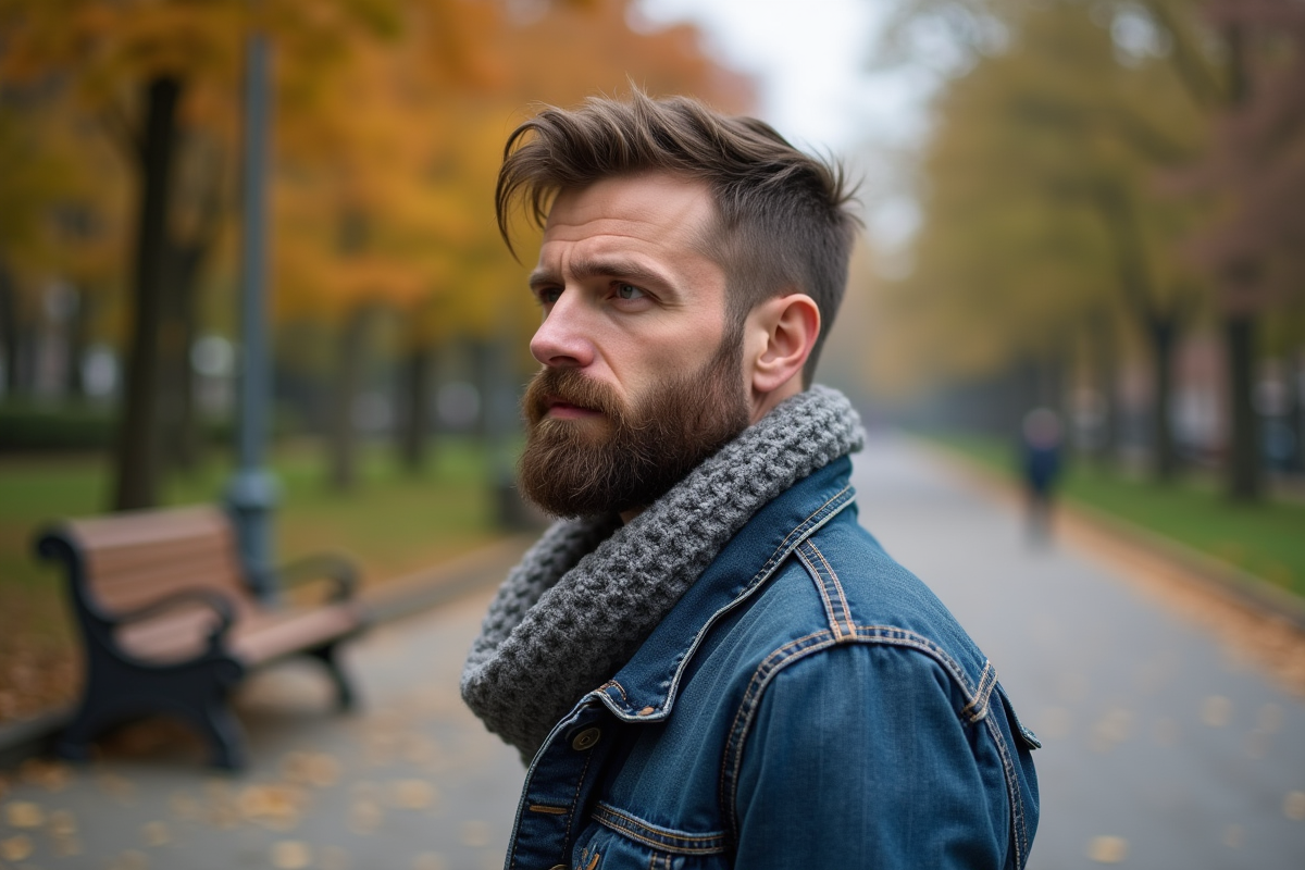 Homme avec barbe et veste en denim dans un parc en automne