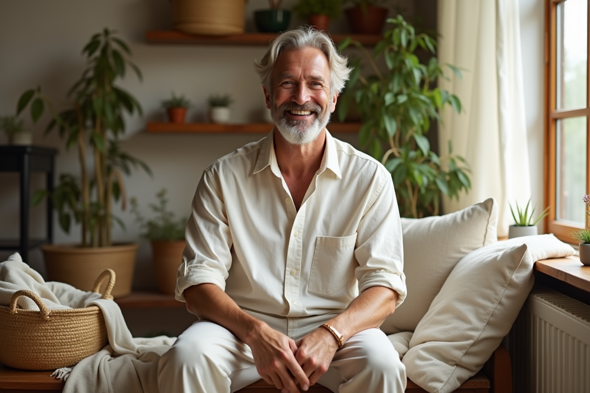 Homme assis sur un banc en vêtements en coton et chanvre