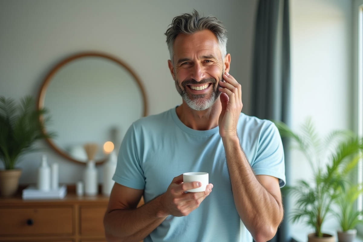 Homme appliquant une creme visage dans sa chambre
