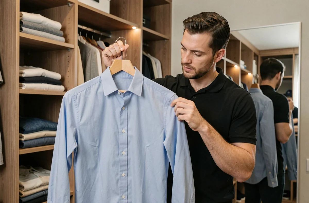 Homme examinant un vêtement de marque reçu via The Bradery dans son dressing, évaluant la qualité et la conformité de sa commande