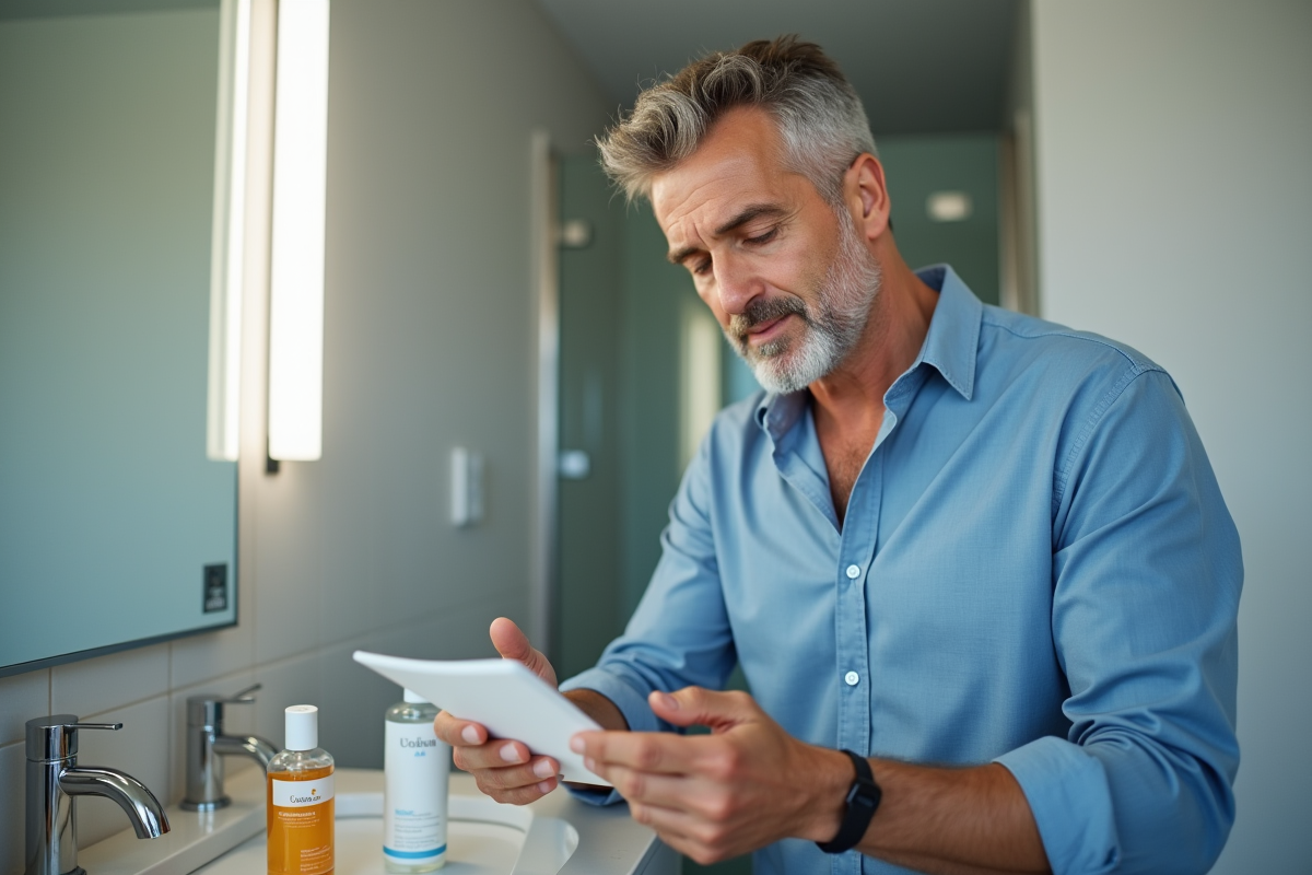 Homme lisant une étiquette de supplément dans la salle de bain