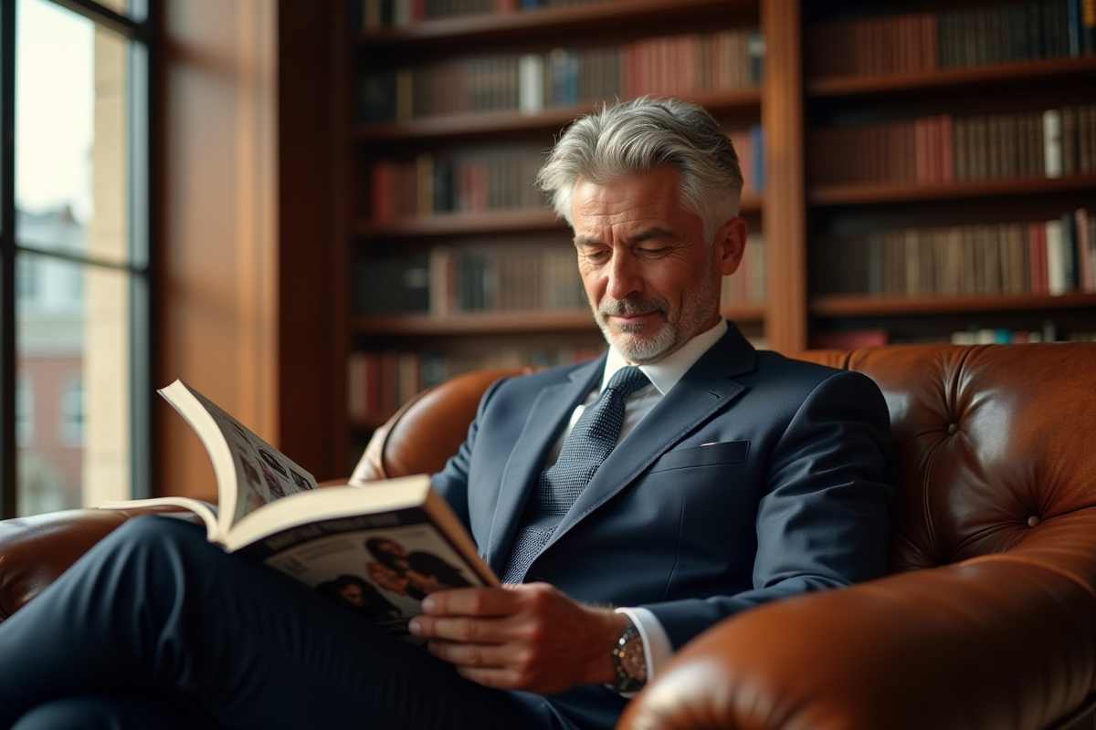 Homme en costume lisant un magazine dans une bibliothèque privée