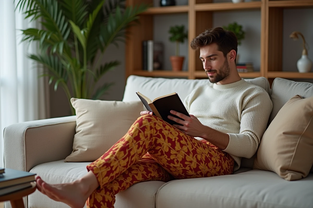 Homme assis sur un canapé portant pantalon à motif géométrique