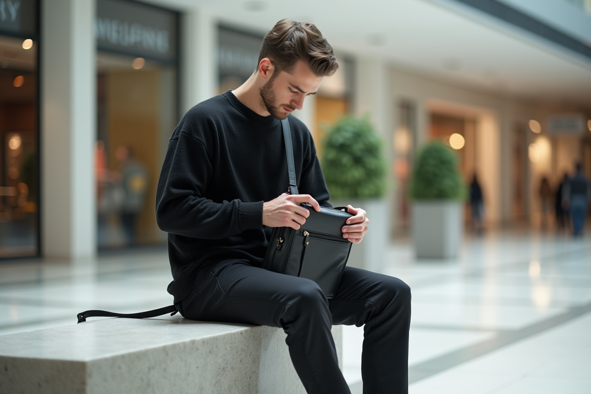 Jeune homme avec sac à bandoulière dans un centre commercial
