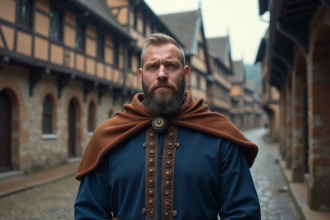 Homme médiéval en tunique bleue dans une place du village