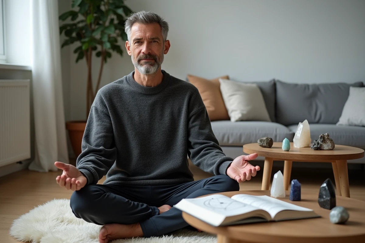 Homme méditant avec une pierre labradorite entouré de cristaux et d'un livre d'astrologie ouvert sur le sol