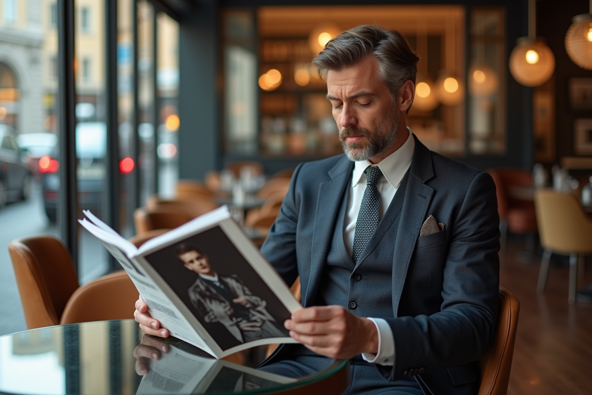 Homme en costume dans un café milanais en train de feuilleter un magazine