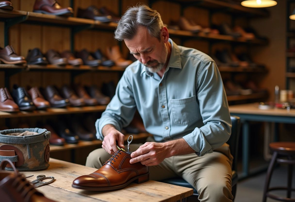 Homme ajustant une chaussure en atelier de cordonnerie
