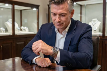 Homme en costume marine regardant une Rolex Submariner en acier dans une boutique de montres de luxe