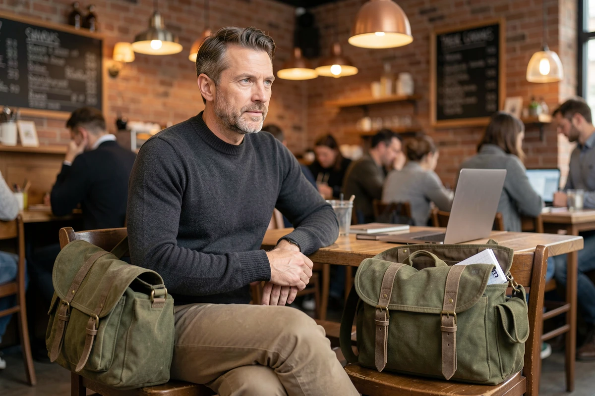 Homme assis dans un café urbain avec un unique sac messager polyvalent posé sur la chaise à côté de lui