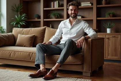 Homme élégant en salon portant babouches en cuir