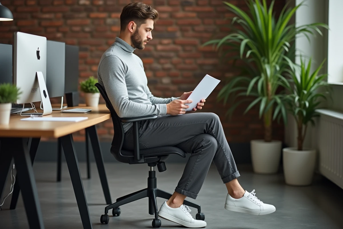 Homme en sarouel gris et col roulé assis dans un espace de coworking contemporain