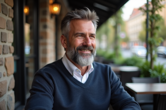 Homme d'âge moyen avec barbe assis en terrasse de café