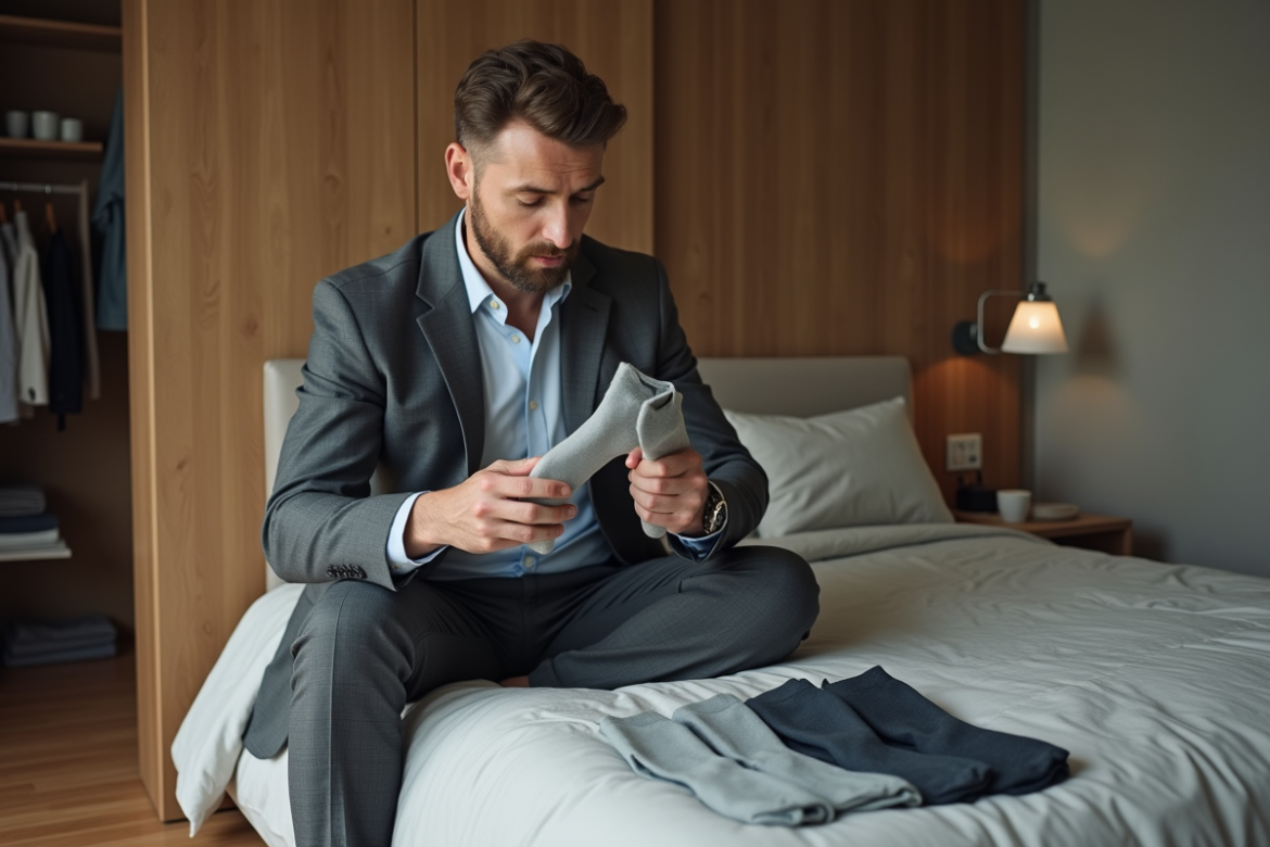 Homme assis comparant deux paires de chaussettes dans une chambre moderne