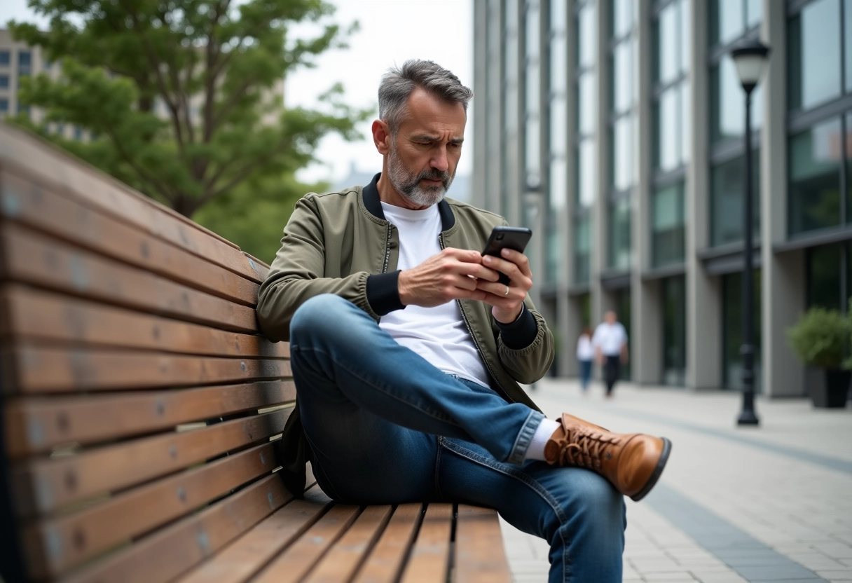 Homme assis sur un banc portant joggjeans et smartphone
