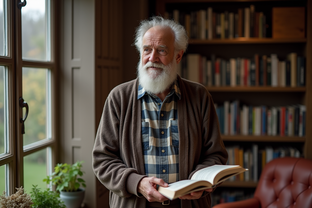 Senior avec barbe dans une bibliothèque chaleureuse