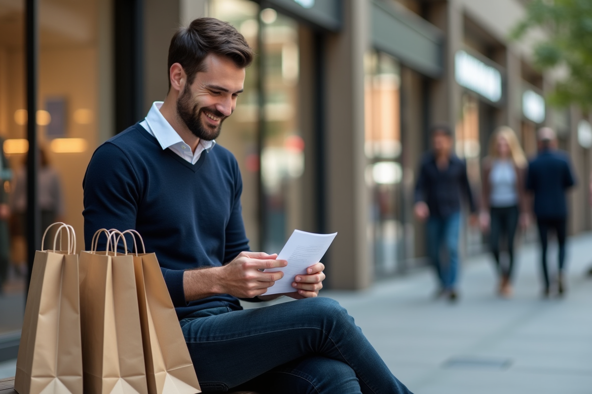 Homme détendu vérifiant ses achats en extérieur