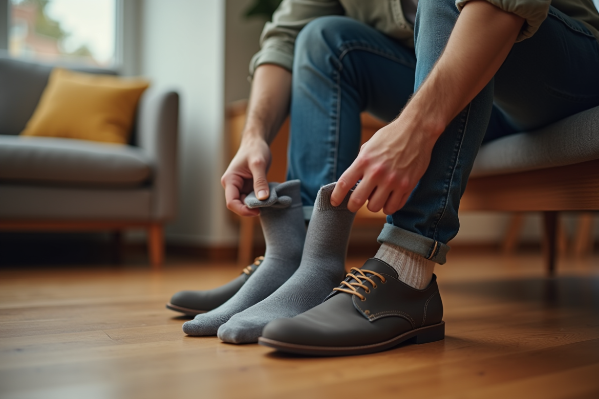 Homme assis avec des chaussettes neuves et chaussures taille 42