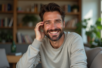 Homme souriant avec barbe dans un salon lumineux