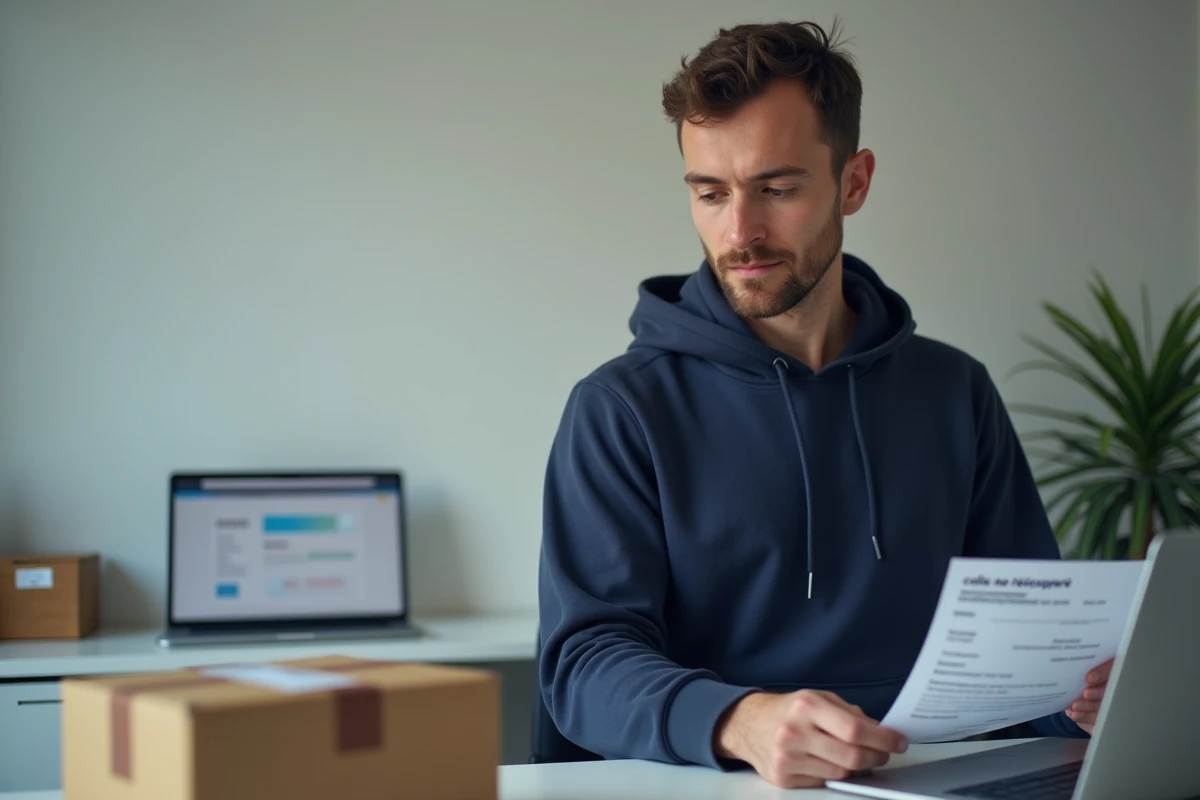 Homme consultant le suivi de colis retour Vinted non récupéré sur son ordinateur portable dans un bureau à domicile