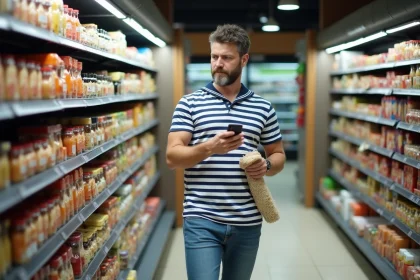 Homme d'âge moyen dans un supermarché en train de choisir un produit
