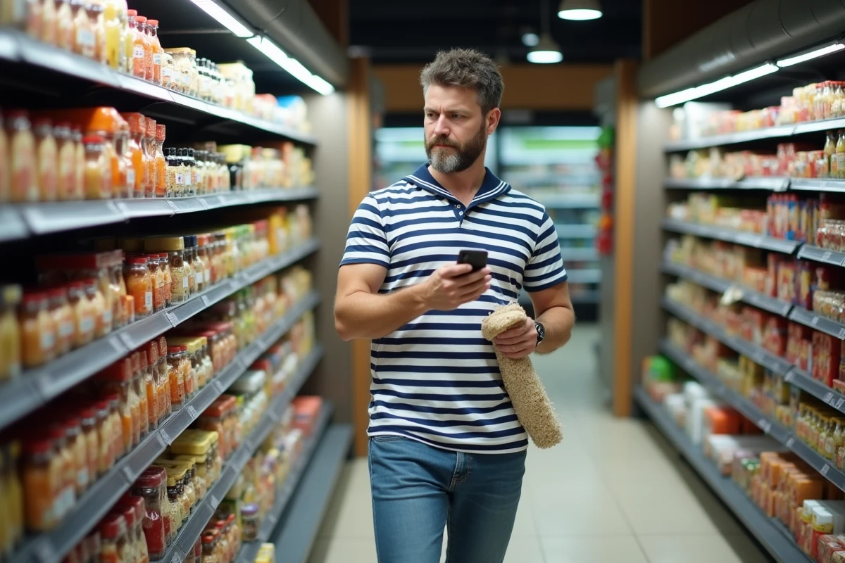 Homme d'âge moyen dans un supermarché en train de choisir un produit