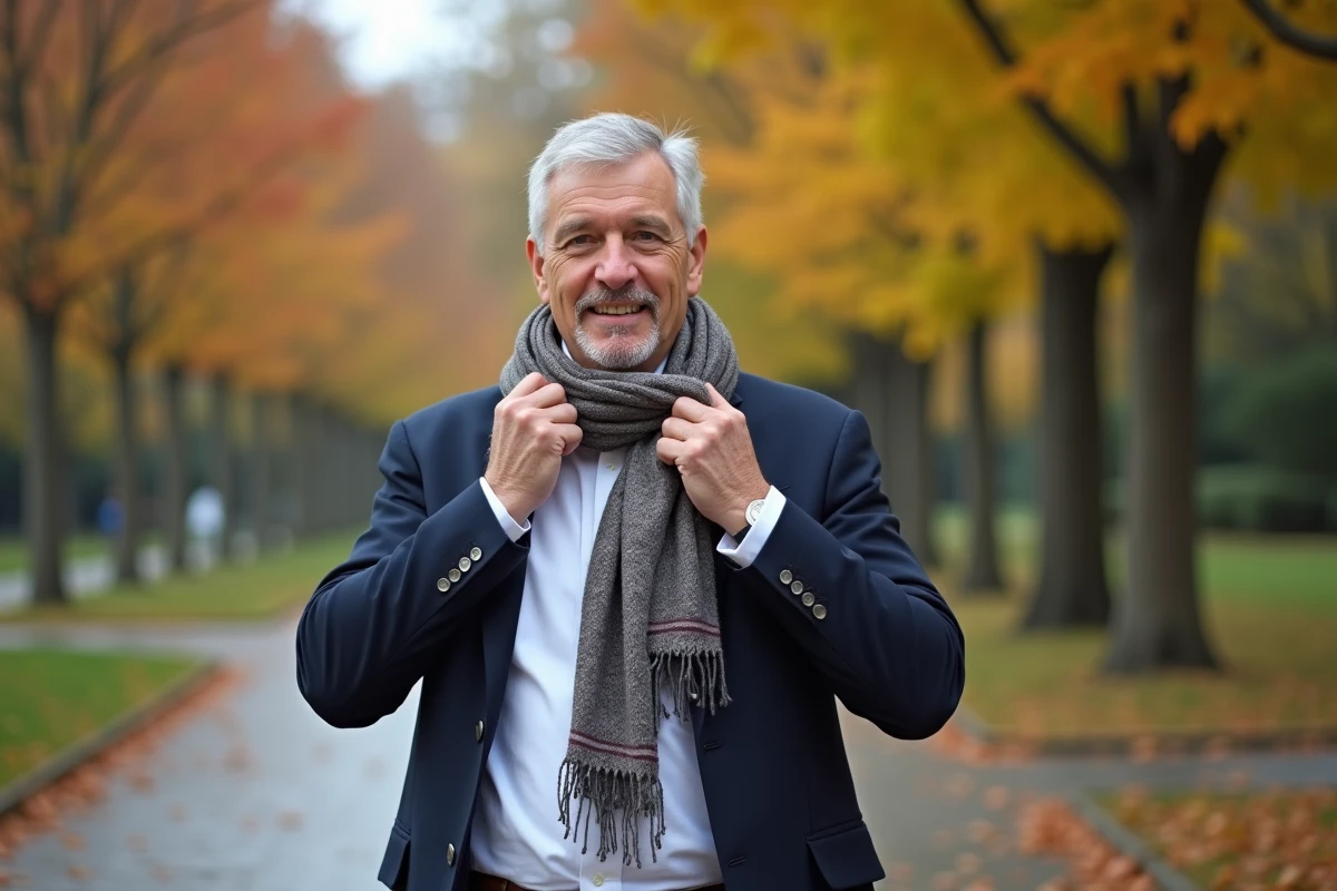 Homme mature nouant une écharpe dans un parc urbain automne