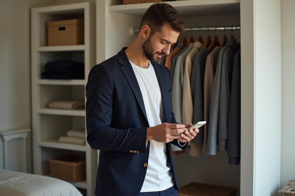 Homme en blazer navy compare des vetements dans sa chambre