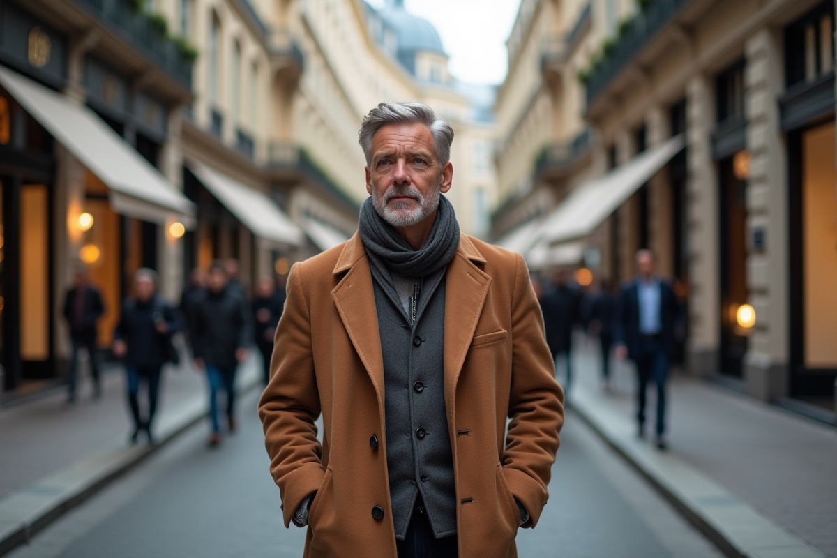 Homme confiant en manteau de cachemire dans une rue urbaine