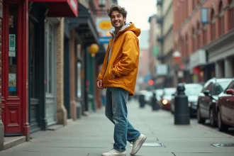 Jeune homme en tenue rétro dans une ville animée