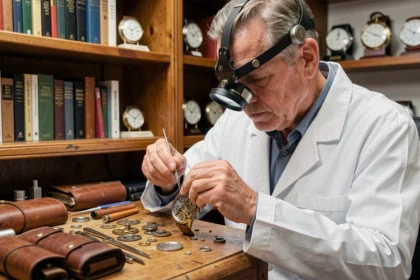 Horloger expert assemblant le mouvement d'une montre de luxe dans son atelier traditionnel