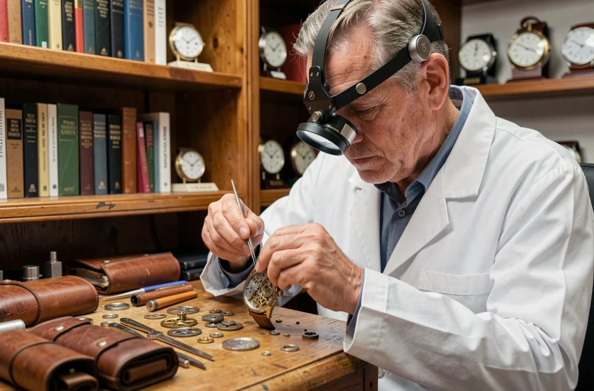 Horloger expert assemblant le mouvement d'une montre de luxe dans son atelier traditionnel