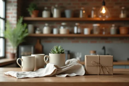 Idées de cadeaux pour la maison : mugs artisanaux, torchon en lin et plante succulente présentés sur une table en bois rustique dans une cuisine chaleureuse