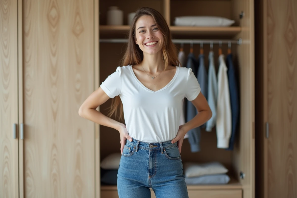 Femme en jeans ajustés dans une chambre minimaliste