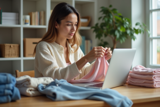 Jeune femme examine un haut pastel dans un appartement lumineux