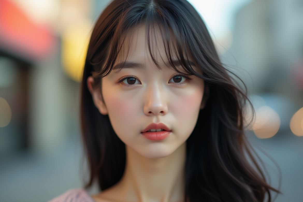 Jeune femme coreenne au visage harmonieux en milieu urbain