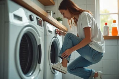 Jeune femme chargeant des sneakers dans une machine à laver