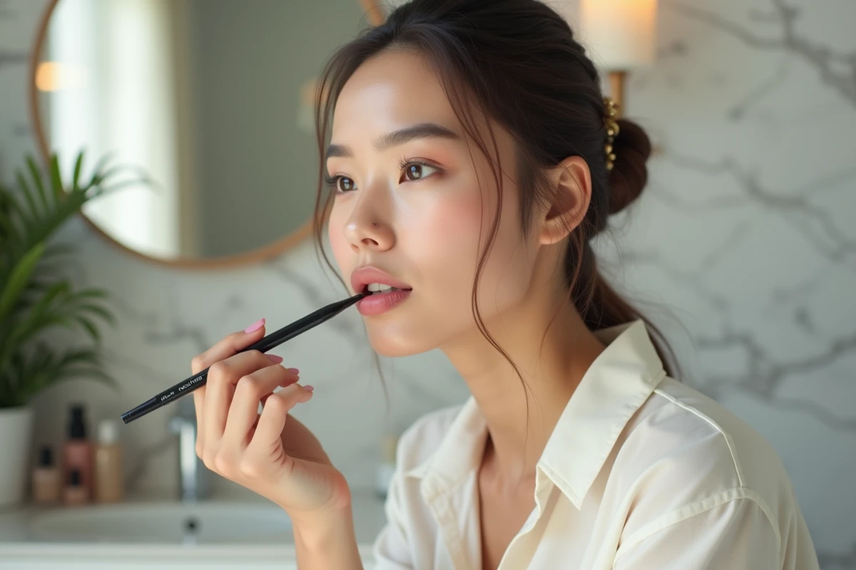 Jeune femme appliquant un lip liner rose devant un miroir