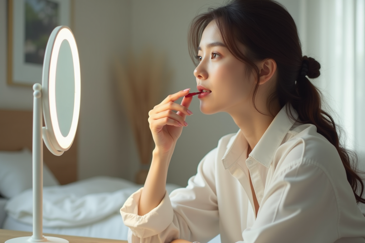 Jeune femme se maquillant dans un miroir lumineux