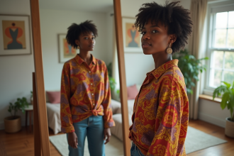 Jeune femme en miroir choisissant une tenue colorée et tendance