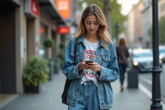 Jeune femme en streetwear regardant son smartphone en ville
