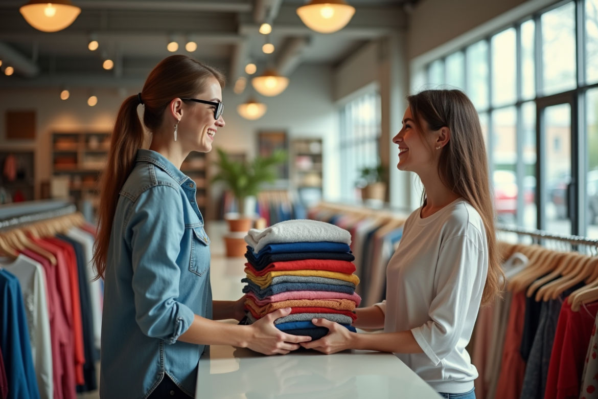 Jeune femme souriante donnant des vêtements à un commerçant dans une boutique tendance