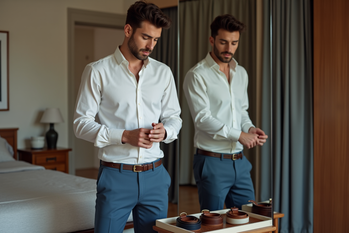 Jeune homme essayant des ceintures en miroir dans une chambre moderne