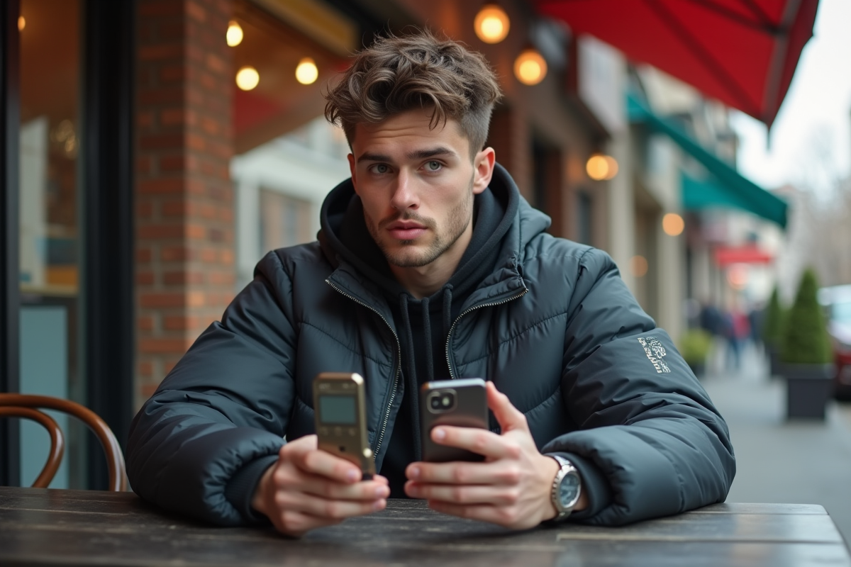 Jeune homme avec téléphone ancien et moderne en extérieur