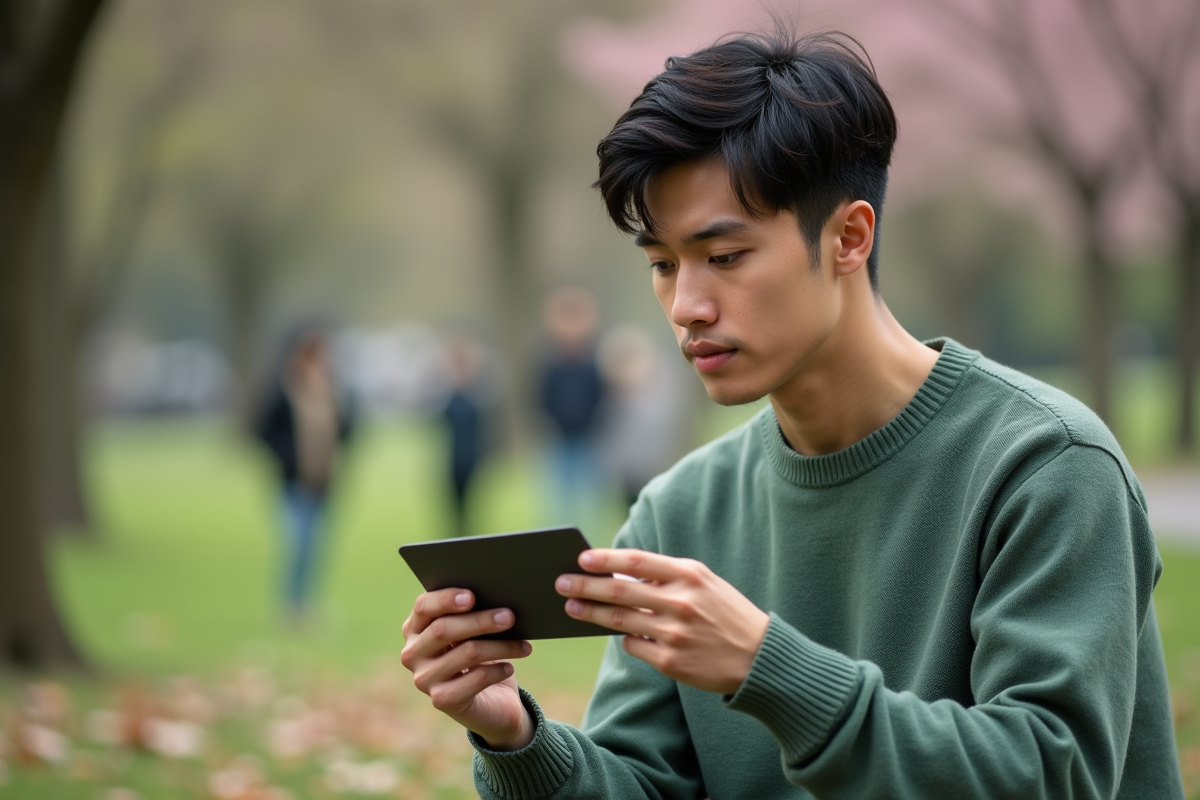 Jeune homme compare des cartes de couleurs dans un parc au printemps